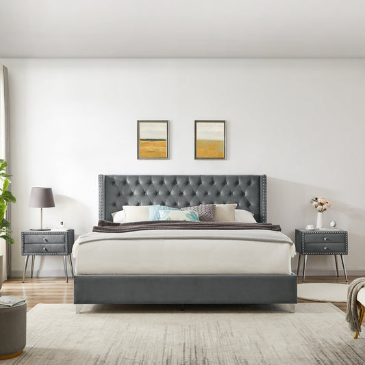 B100S King bed with two nightstands, Button designed Headboard,strong wooden slats + metal legs with Electroplate