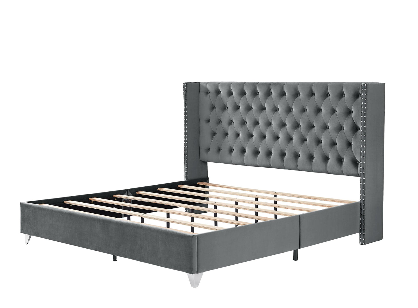 B100S King bed with two nightstands, Button designed Headboard,strong wooden slats + metal legs with Electroplate