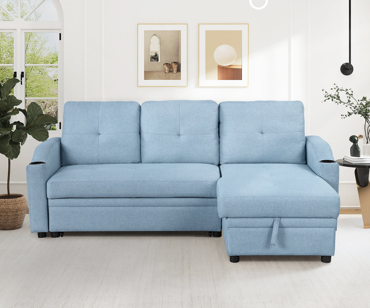 80.3" Orisfur. Pull Out Sofa Bed Modern Padded Upholstered Sofa Bed , Linen Fabric 3 Seater Couch with Storage Chaise and Cup Holder , Small Couch for Small Spaces