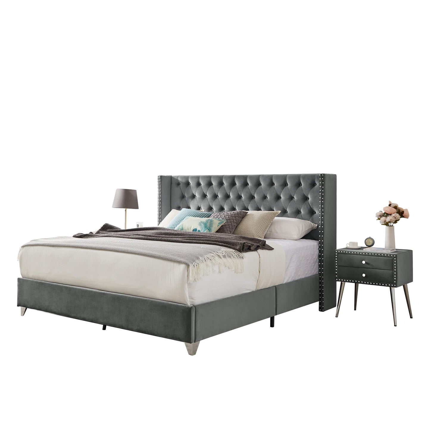 B100S King bed with two nightstands, Button designed Headboard,strong wooden slats + metal legs with Electroplate