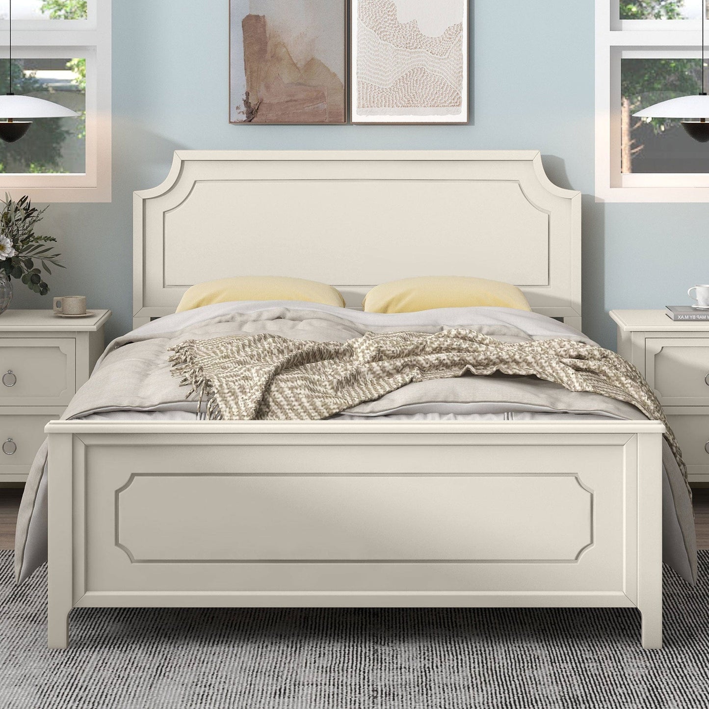 3 Pieces Bedroom Sets Milky White Solid Rubber Wood Queen Size Platform Bed with Nightstand and Dresser