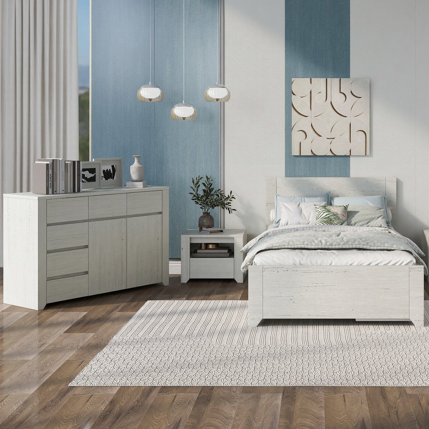 3 Pieces Cream Simple Style Manufacture Wood Bedroom Sets with Twin bed, Nightstand and Dresser