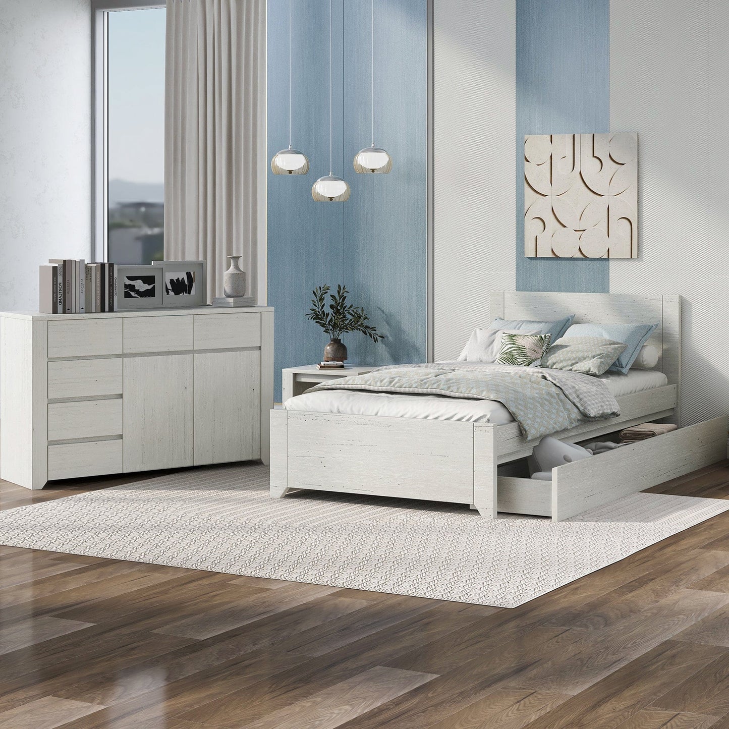 3 Pieces Cream Simple Style Manufacture Wood Bedroom Sets with Twin bed, Nightstand and Dresser