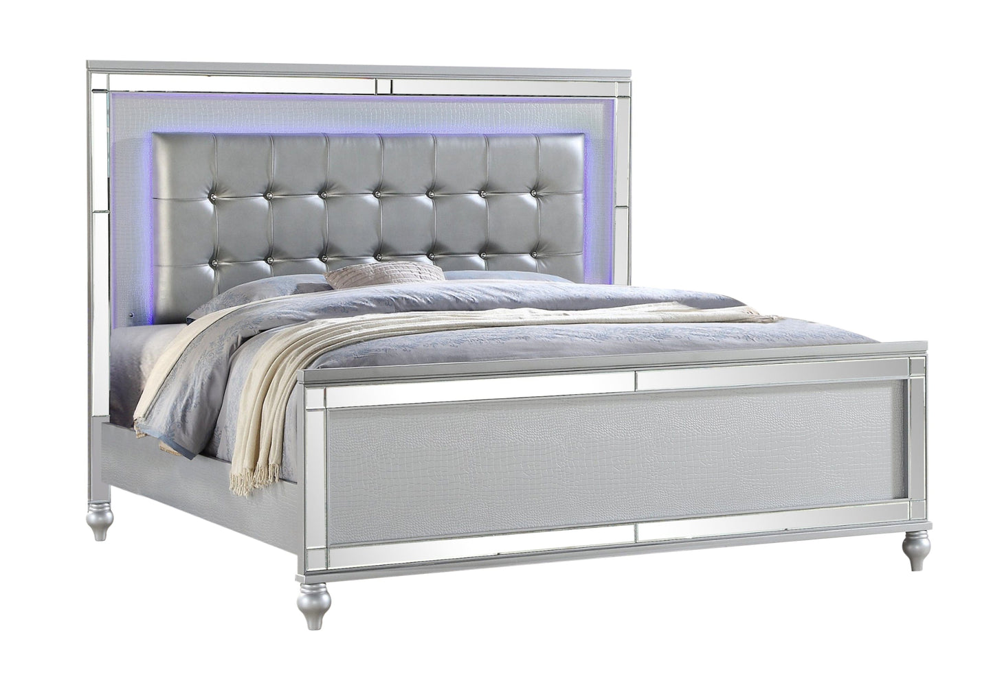 Sterling Queen Size Upholstered LED Bed made with wood in Silver Color