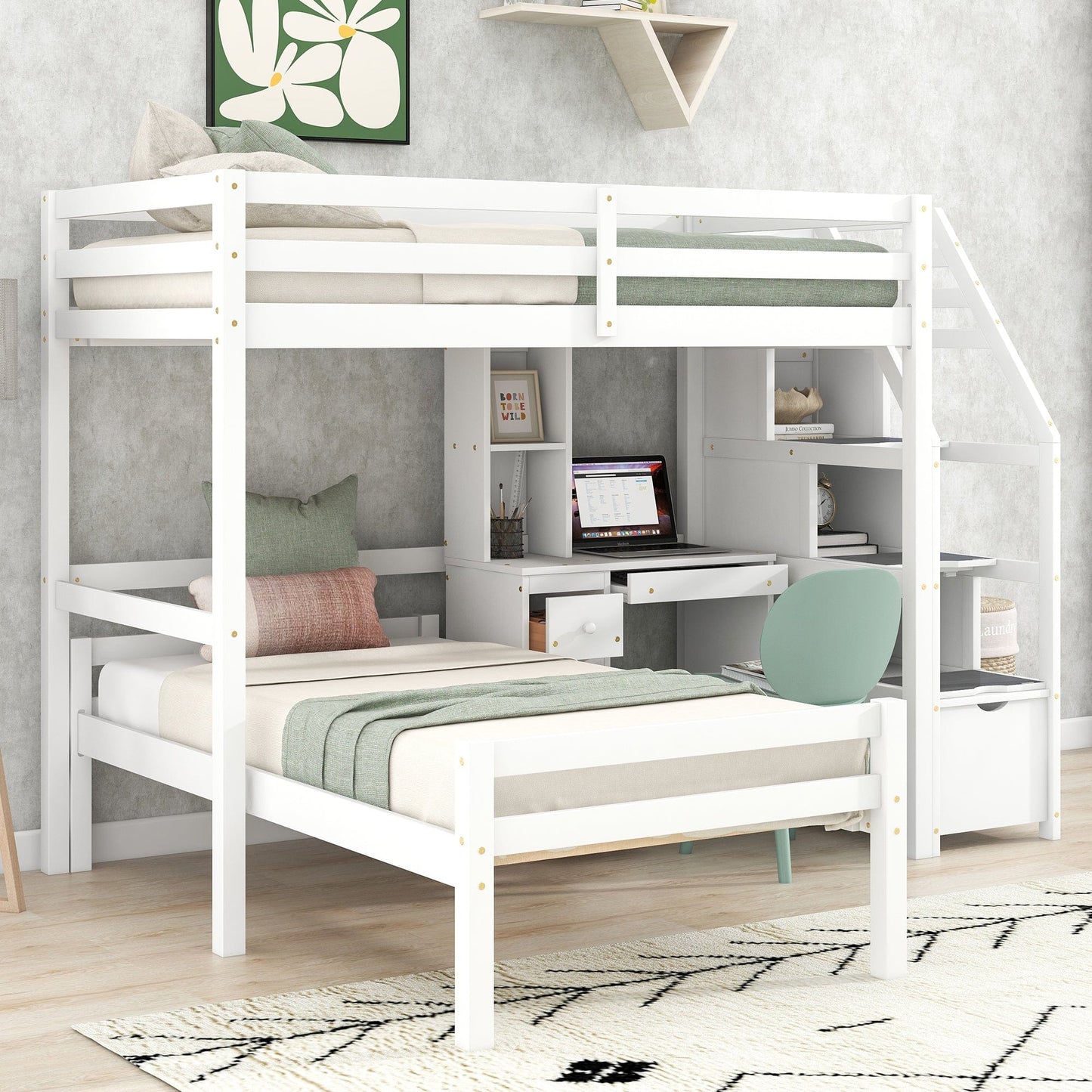 White, Twin Size Loft Bed with a Stand-alone Bed, Storage Staircase, Desk, Shelves and Drawers