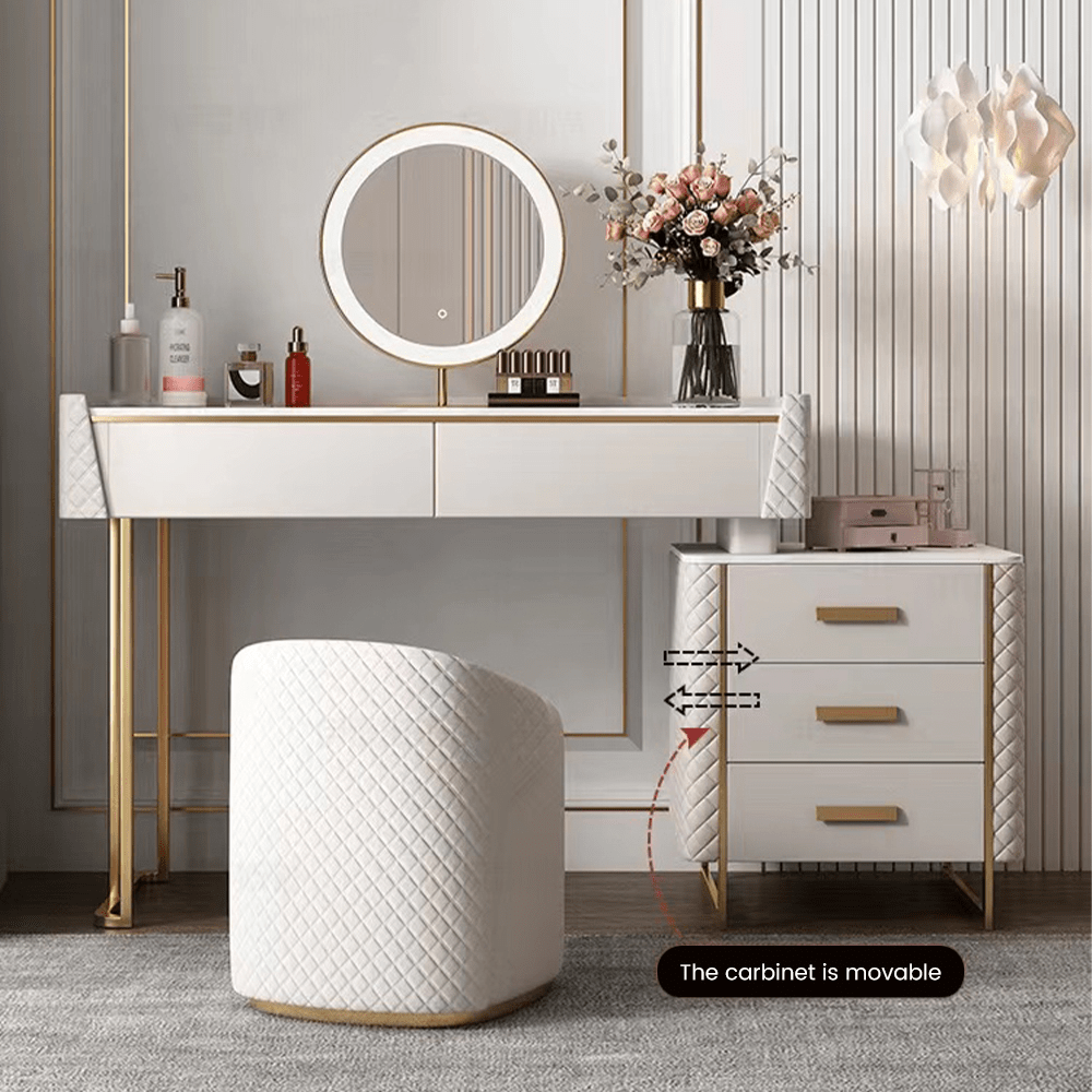 White Makeup Vanity Set with LED Lighted Mirror, 5 Drawers, Modern Dressing Table Sintered Stone, Stool, For Bedroom, 47.24''