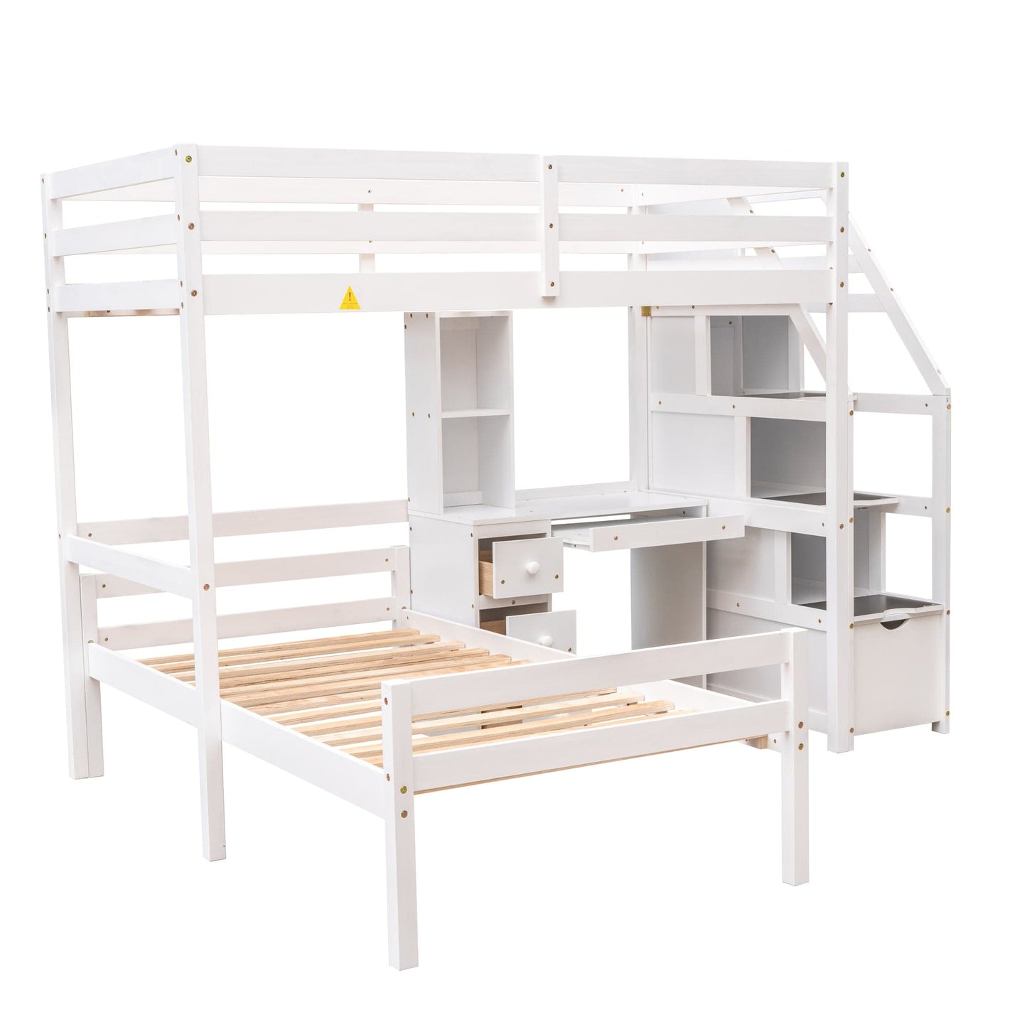 White, Twin Size Loft Bed with a Stand-alone Bed, Storage Staircase, Desk, Shelves and Drawers