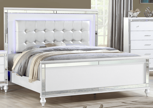 Sterling Queen Size Upholstered LED Bed made with wood in White Color