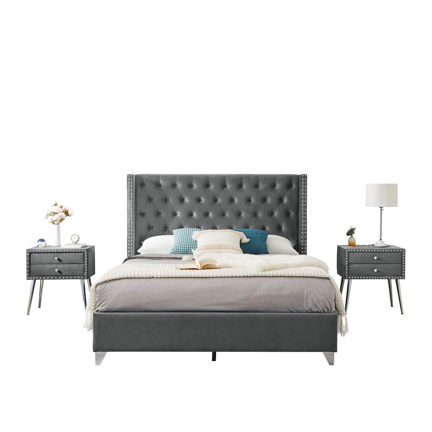 B100S Queen bed with two nightstands, Button designed Headboard,strong wooden slats + metal legs with Electroplate