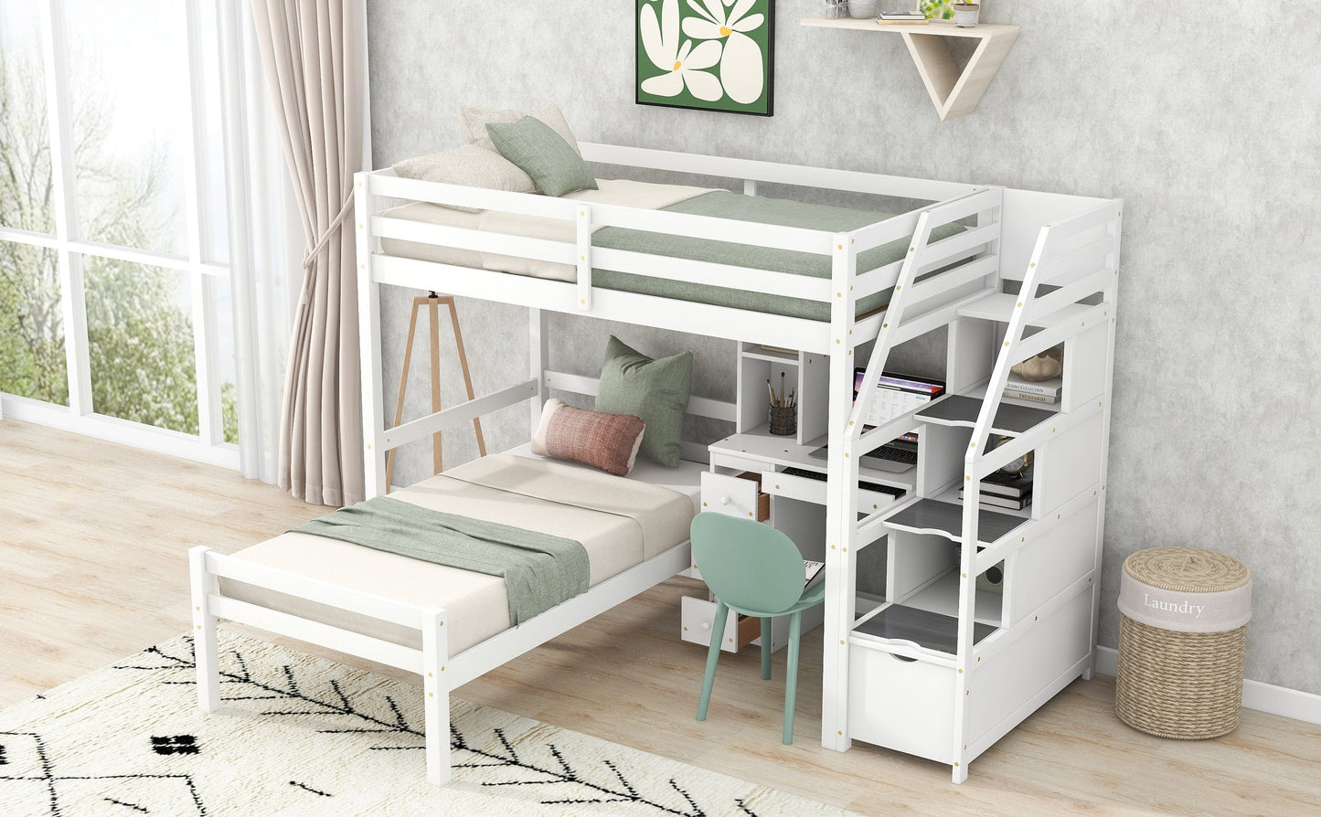 White, Twin Size Loft Bed with a Stand-alone Bed, Storage Staircase, Desk, Shelves and Drawers