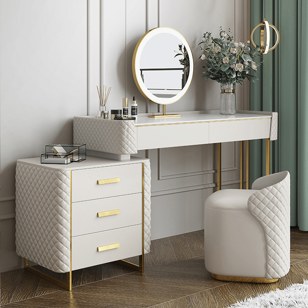 White Makeup Vanity Set with LED Lighted Mirror, 5 Drawers, Modern Dressing Table Sintered Stone, Stool, For Bedroom, 47.24''