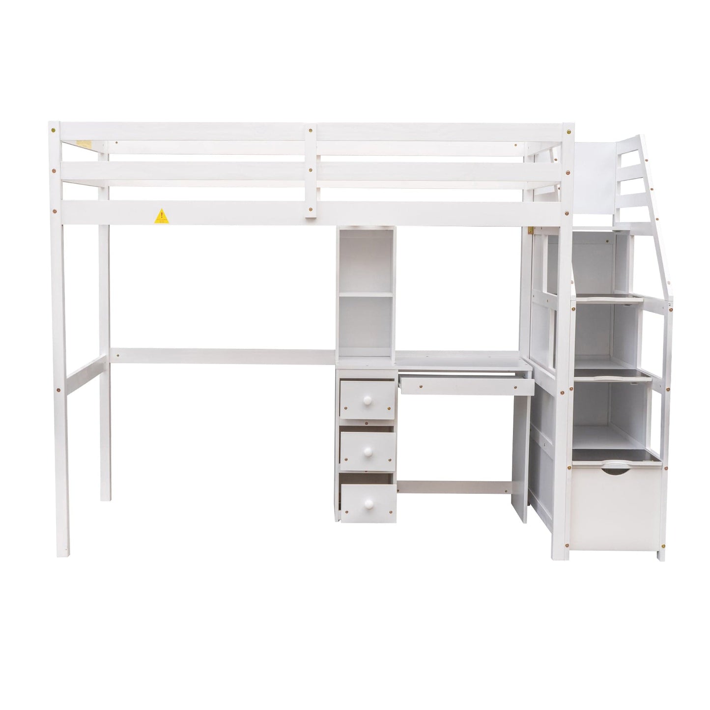 White, Twin Size Loft Bed with a Stand-alone Bed, Storage Staircase, Desk, Shelves and Drawers