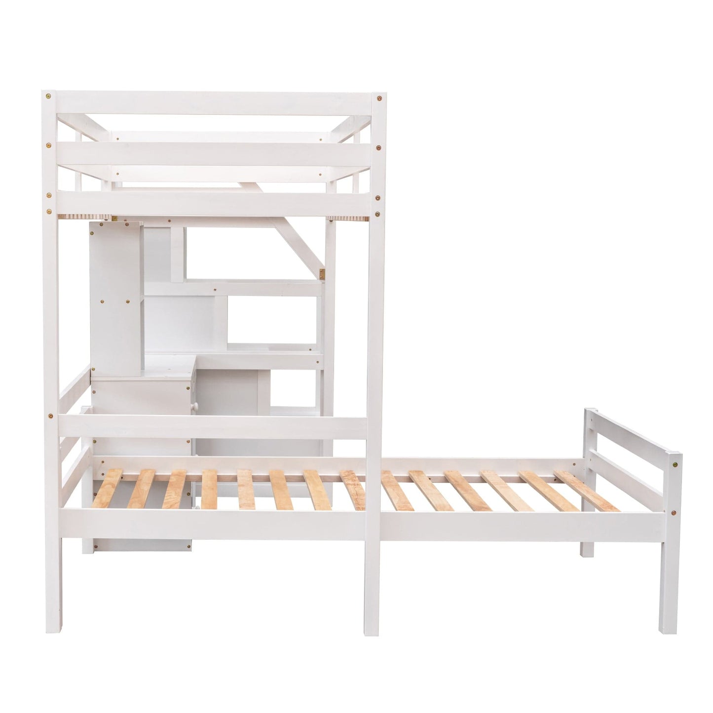 White, Twin Size Loft Bed with a Stand-alone Bed, Storage Staircase, Desk, Shelves and Drawers