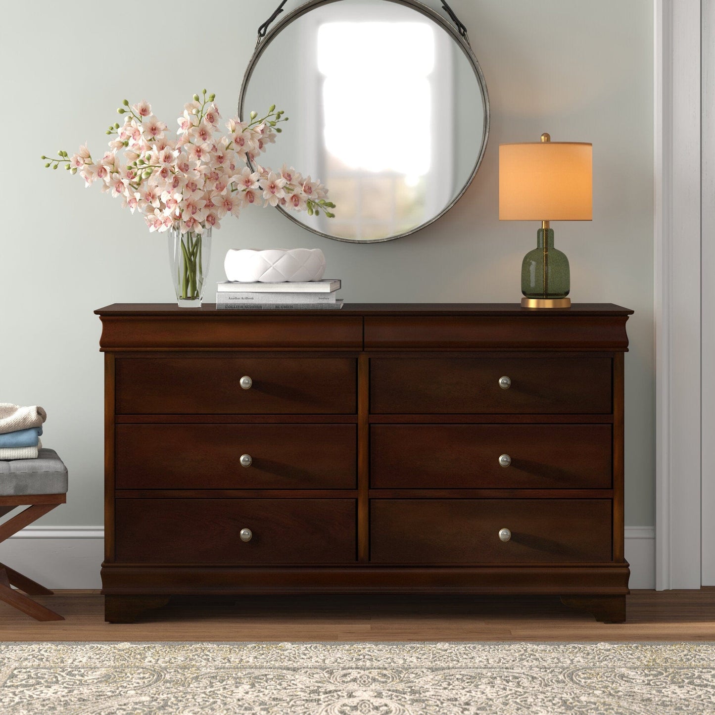 Brown Cherry Finish Louis Phillipe Style Bedroom Furniture 1pc Dresser of 6x Drawers Hidden Drawers Wooden Furniture
