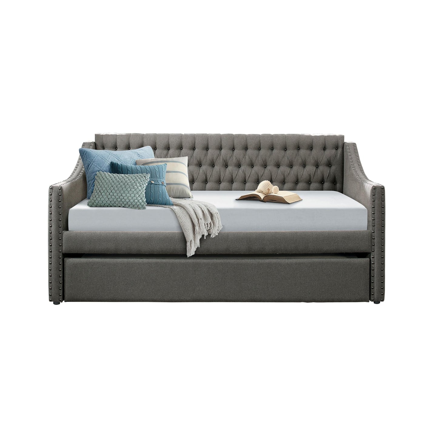 Modern Design Dark Gray Fabric Upholstered 1pc Sofa Bed w Trundle Button-Tufted Detail Nailhead Trim Day Bed