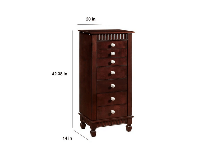 Jewelry Armoire with Fluted Design, Brown 42 Inches 7 Drawer
