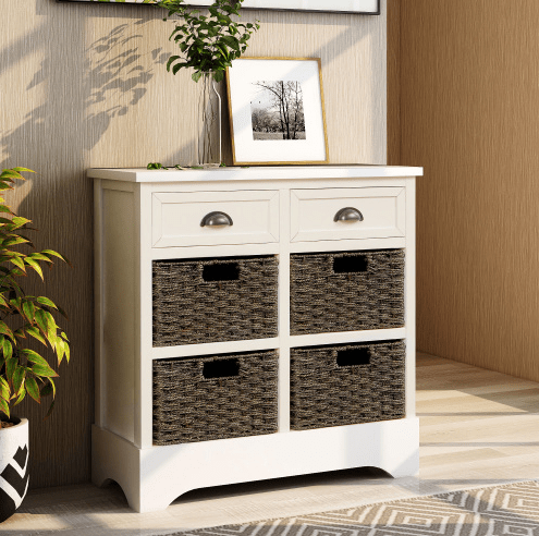 Rustic Storage Cabinet with Two Drawers and Four Classic Rattan Basket