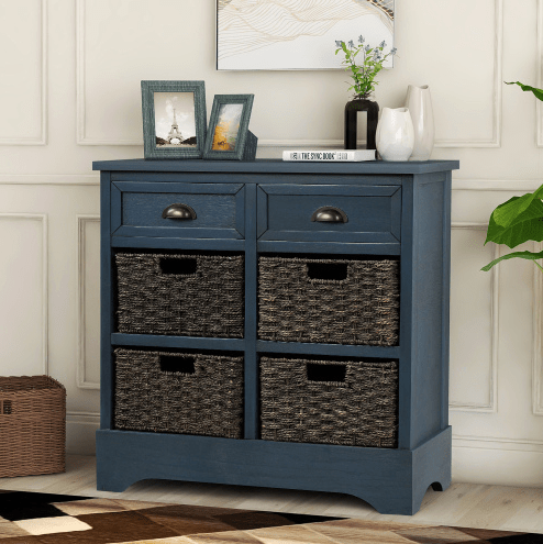 Rustic Storage Cabinet with Two Drawers and Four Classic Rattan Basket