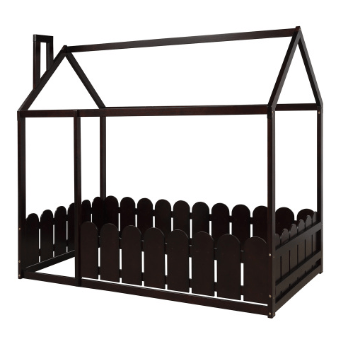 Twin Size Wood Bed House Bed Frame with Fence, for Kids
