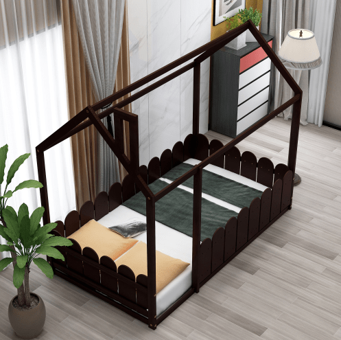 Twin Size Wood Bed House Bed Frame with Fence, for Kids