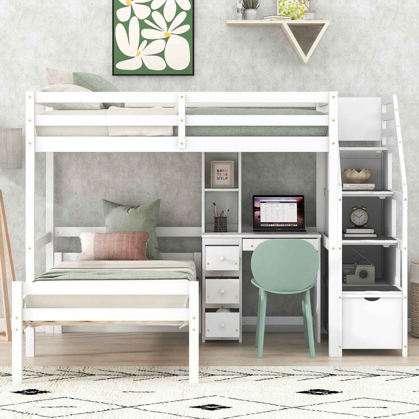 White, Twin Size Loft Bed with a Stand-alone Bed, Storage Staircase, Desk, Shelves and Drawers