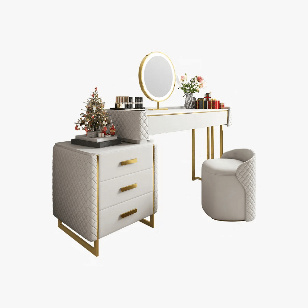 White Makeup Vanity Set with LED Lighted Mirror, 5 Drawers, Modern Dressing Table Sintered Stone, Stool, For Bedroom, 47.24''