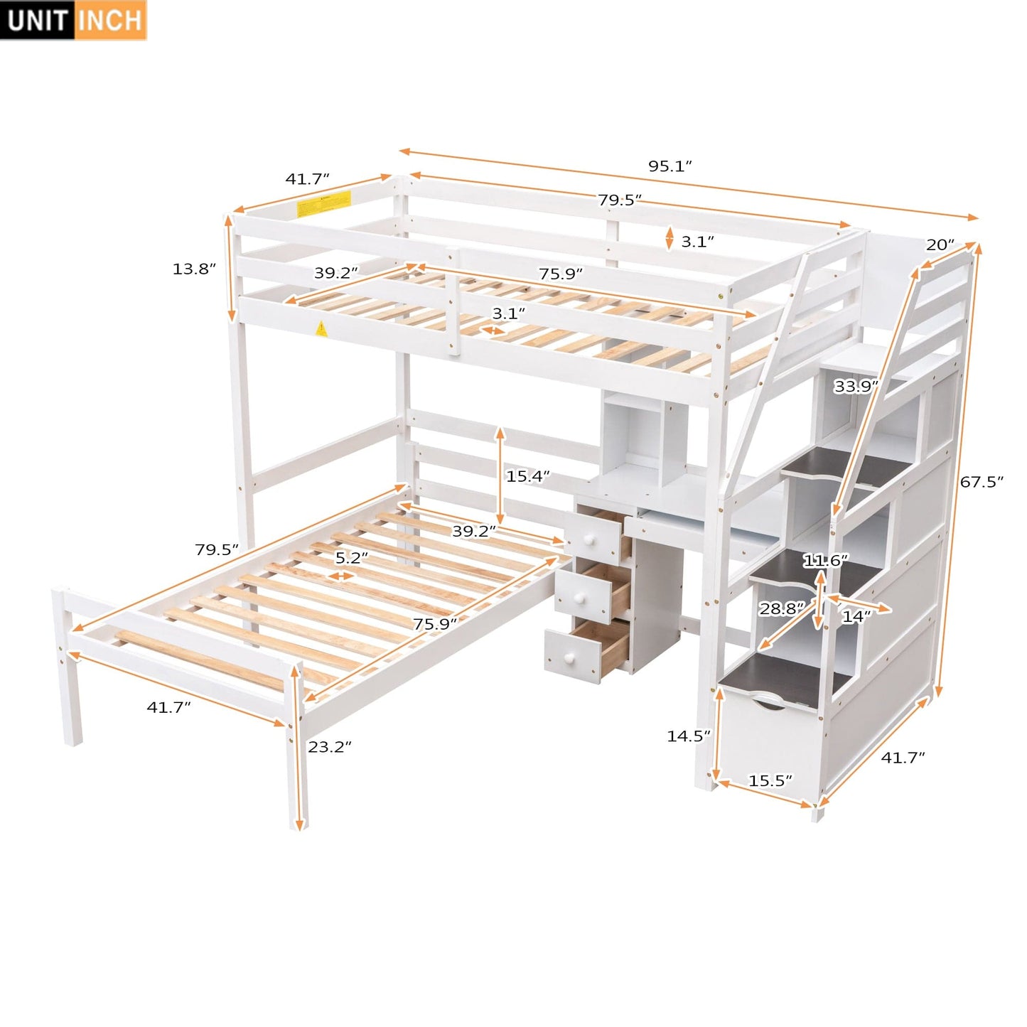 White, Twin Size Loft Bed with a Stand-alone Bed, Storage Staircase, Desk, Shelves and Drawers