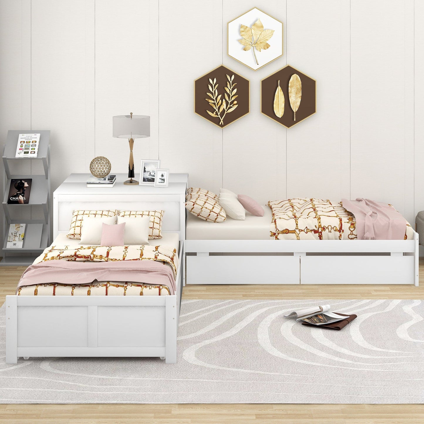 L-shaped Platform Bed with Trundle and Drawers Linked with built-in Flip Square Table,Twin,White