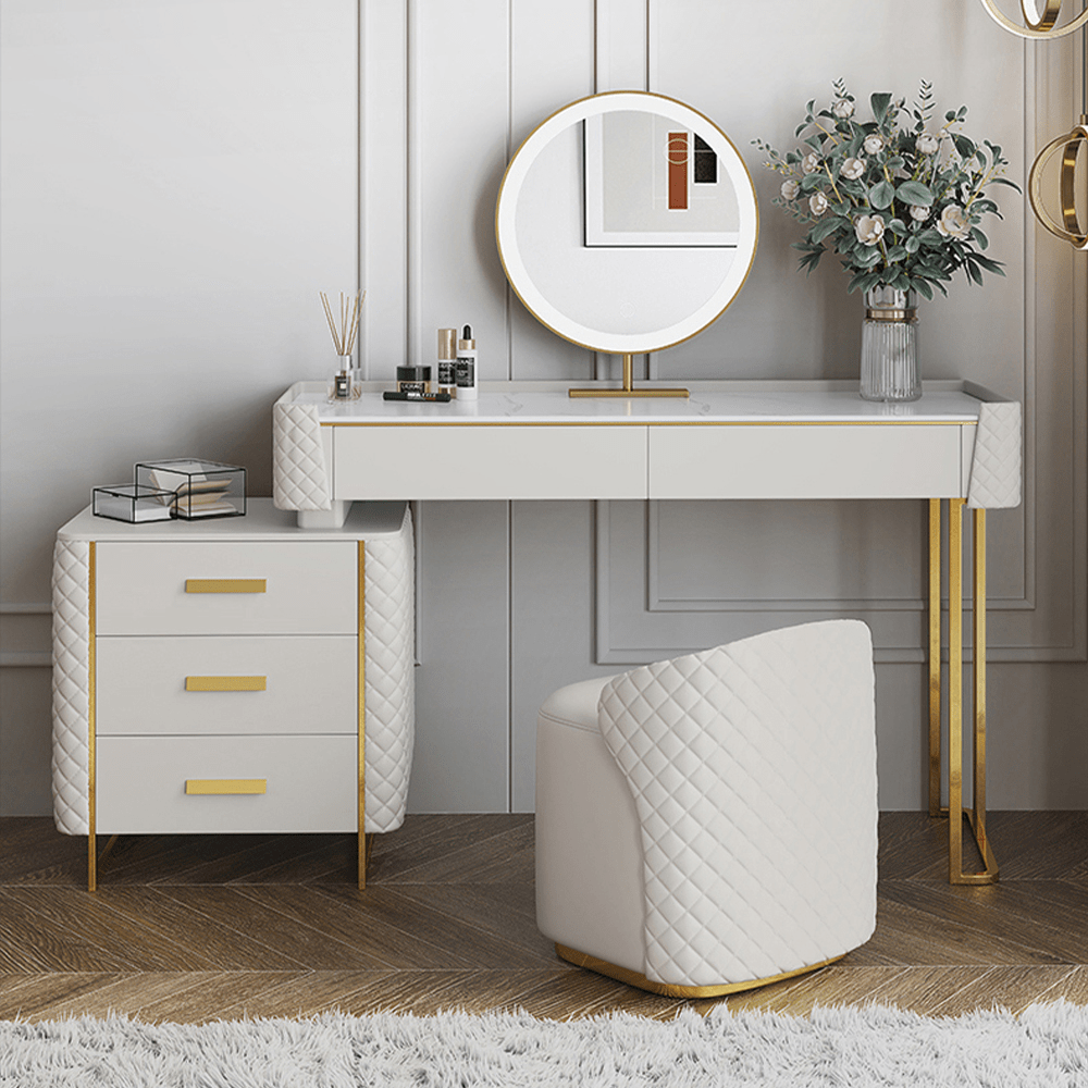 White Makeup Vanity Set with LED Lighted Mirror, 5 Drawers, Modern Dressing Table Sintered Stone, Stool, For Bedroom, 47.24''