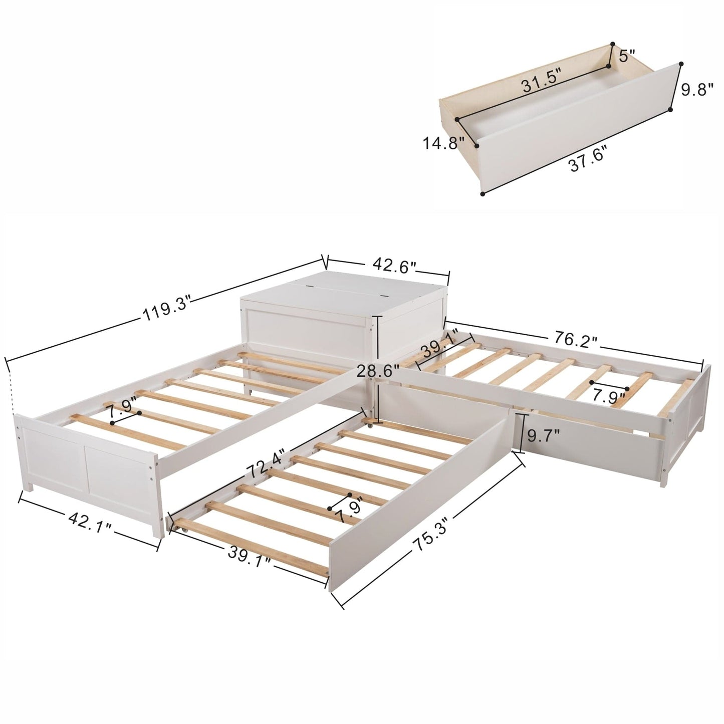 L-shaped Platform Bed with Trundle and Drawers Linked with built-in Flip Square Table,Twin,White