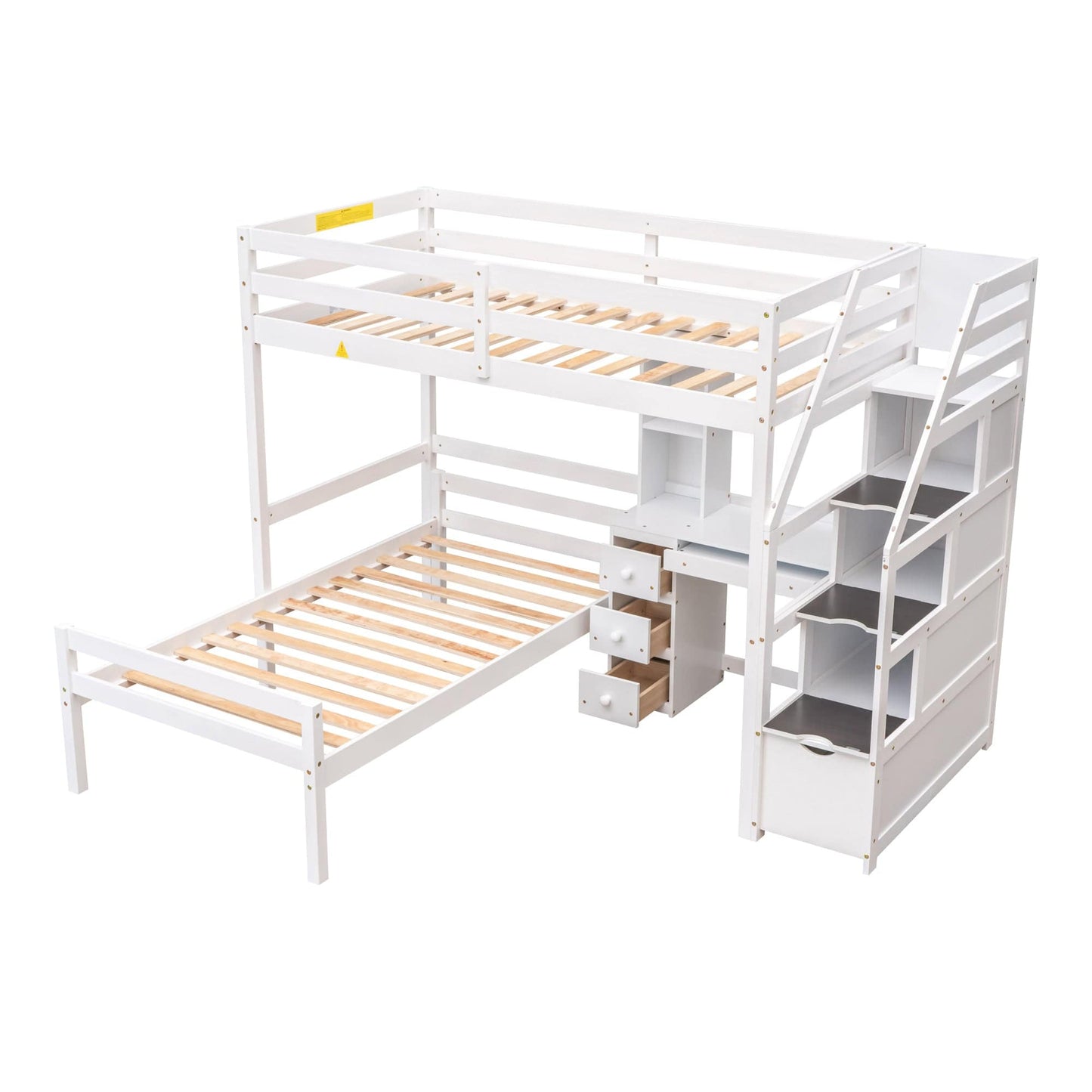 White, Twin Size Loft Bed with a Stand-alone Bed, Storage Staircase, Desk, Shelves and Drawers