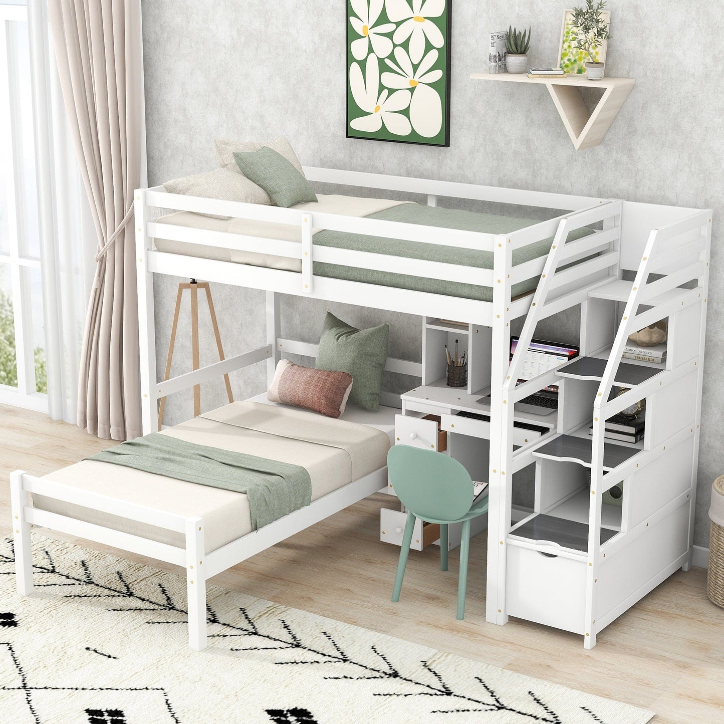 White, Twin Size Loft Bed with a Stand-alone Bed, Storage Staircase, Desk, Shelves and Drawers