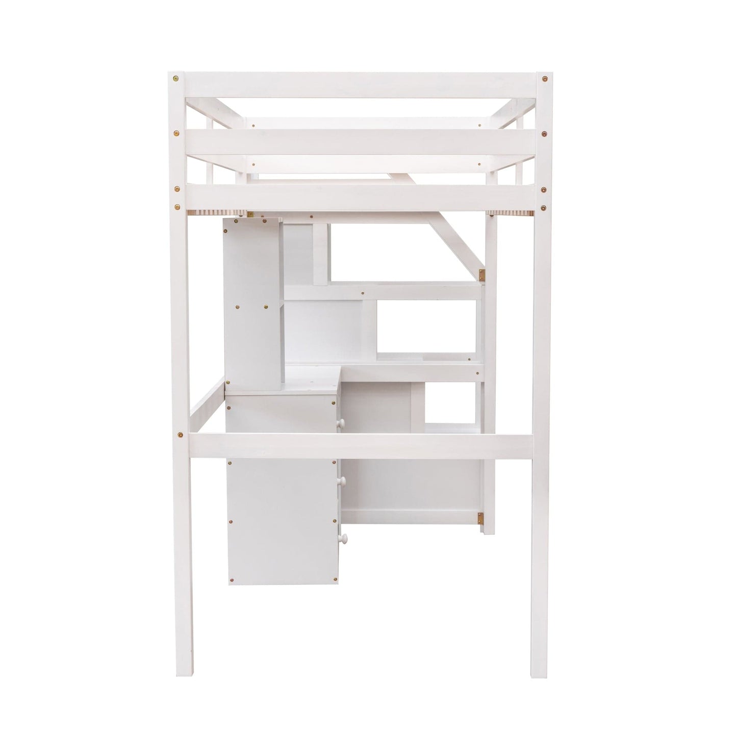 White, Twin Size Loft Bed with a Stand-alone Bed, Storage Staircase, Desk, Shelves and Drawers