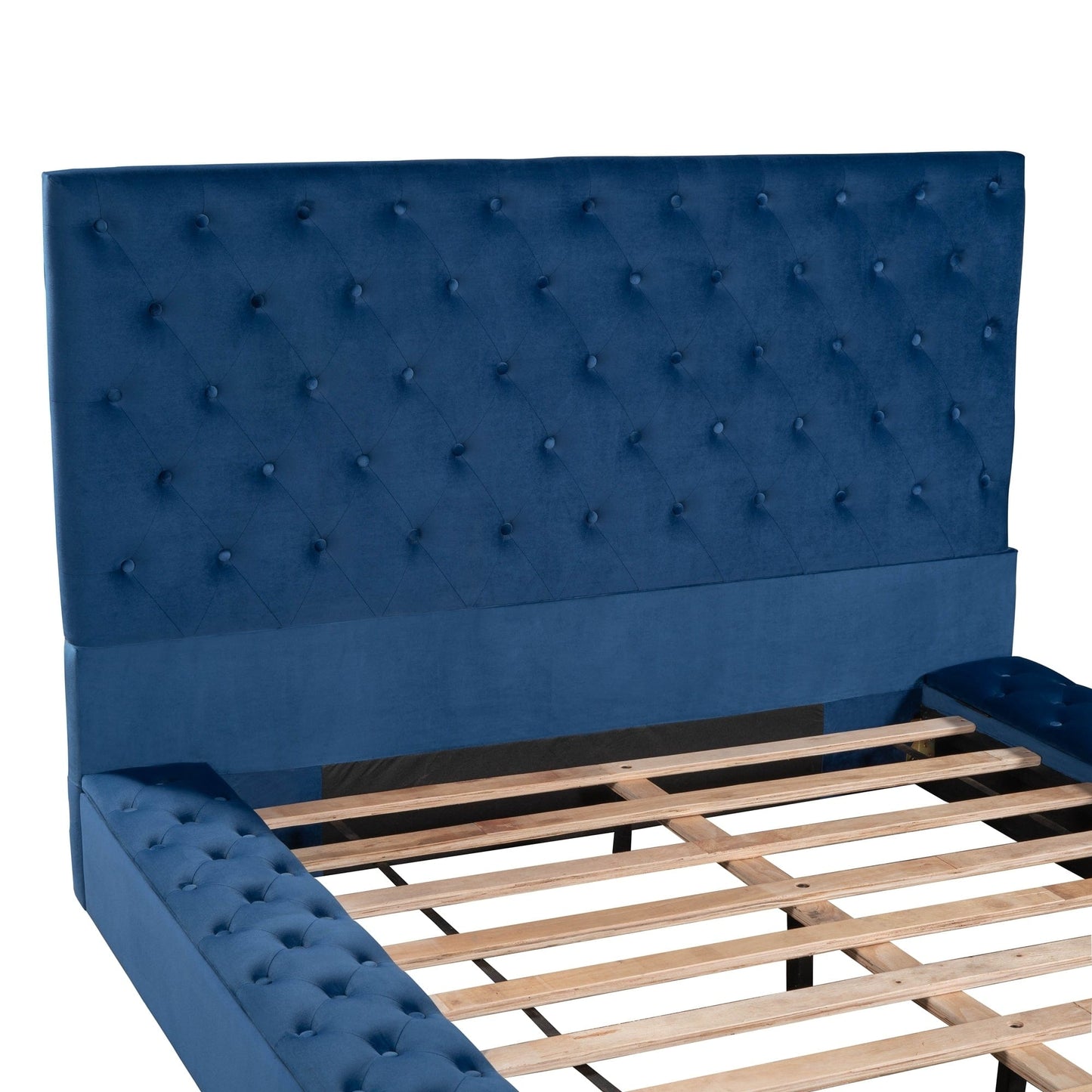Queen Size Upholstery Low Profile Storage Platform Bed with Storage Space on both Sides and Footboard,Blue