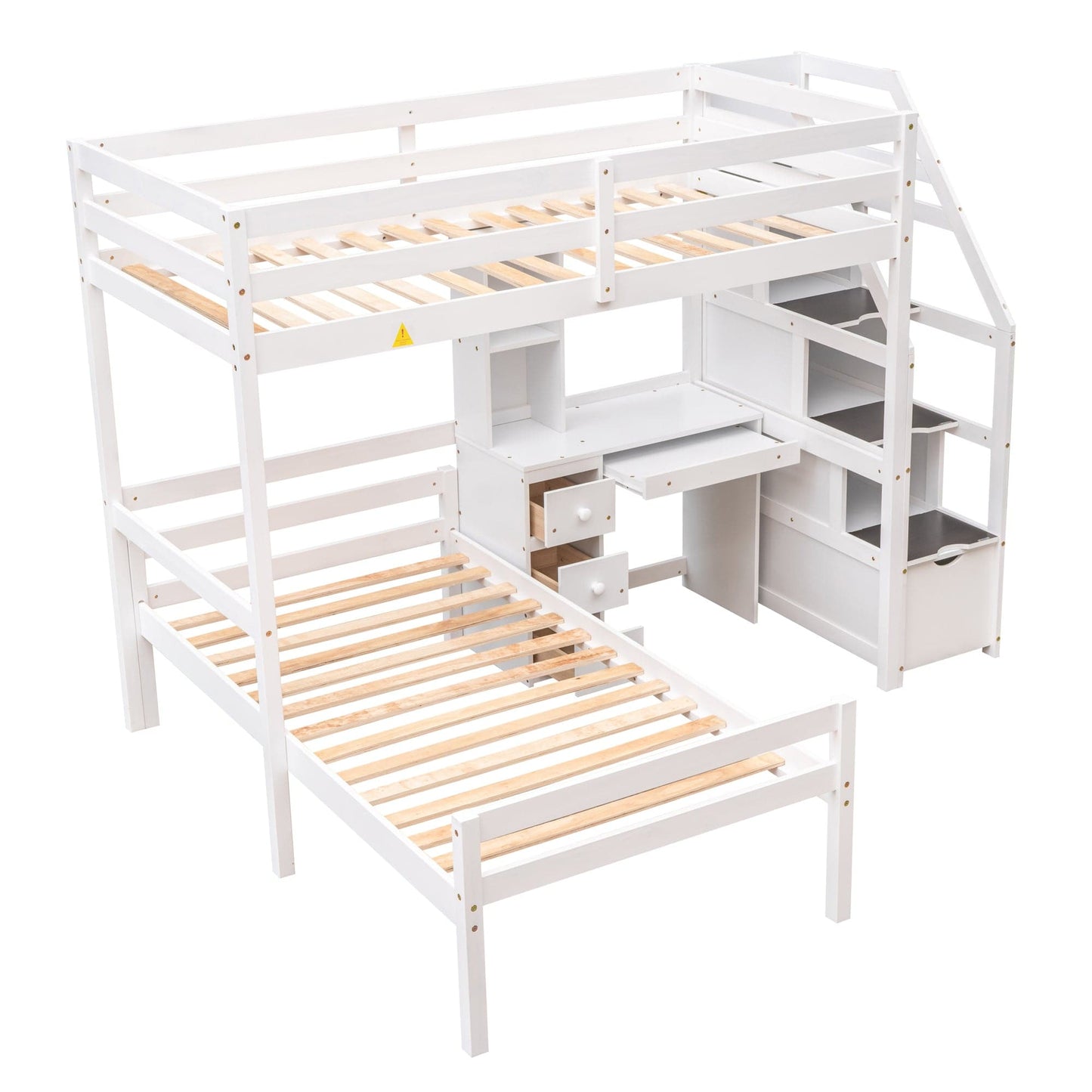 White, Twin Size Loft Bed with a Stand-alone Bed, Storage Staircase, Desk, Shelves and Drawers