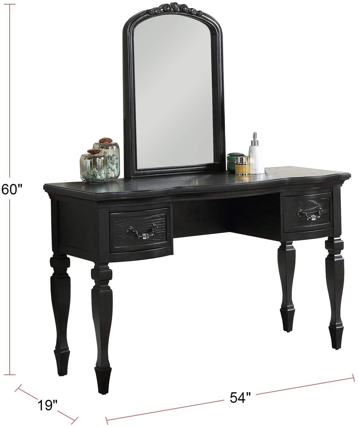 Bedroom Classic Vanity Set Wooden Carved Mirror Stool Drawers Black Color