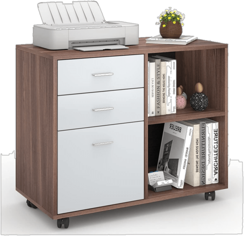 Lateral File Cabinet With 3 Drawers, 2 Open Storage Shelves & 5 Rolling Wheels